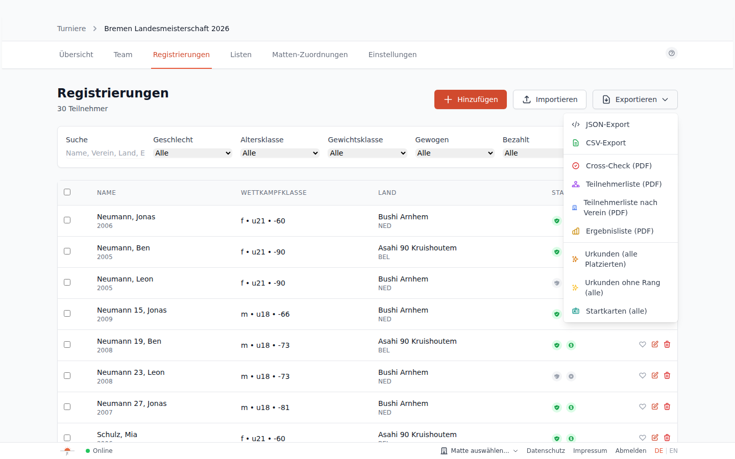 Export-Dialog für Listen/Registrierungen