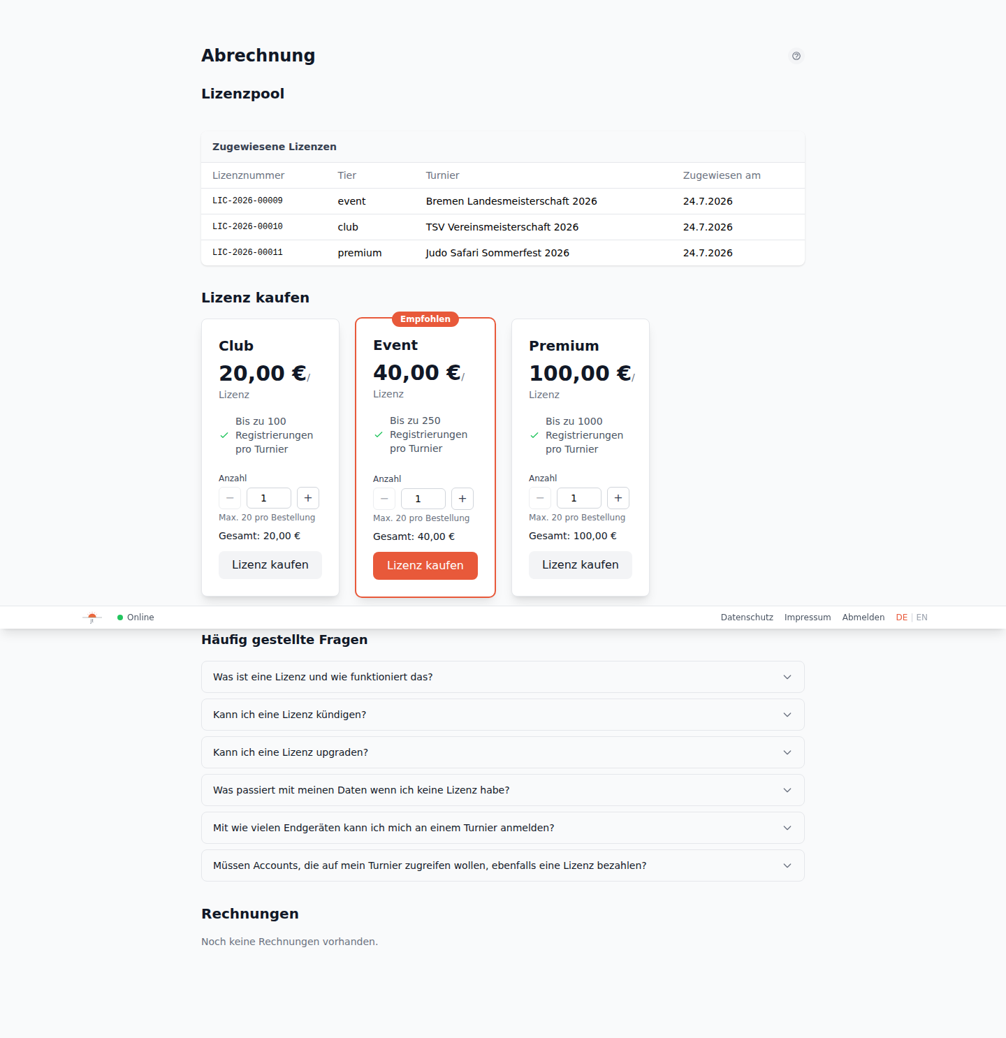 Lizenz-Pool Übersicht mit Upgrade-Button